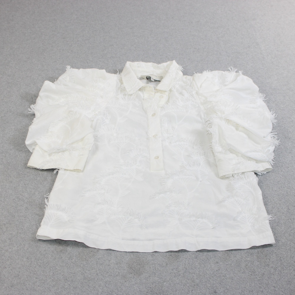 Munthe Shirt Women 36 White Embroidered Floral Puff Sleeve Fringe Coastal Boho